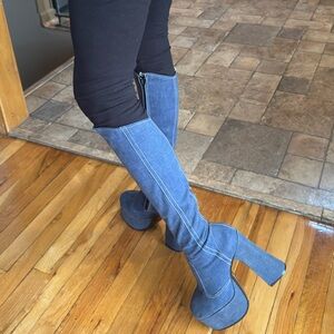 Vintage 1969 Platform Denim Knee-High Boots from London size 8 1/2